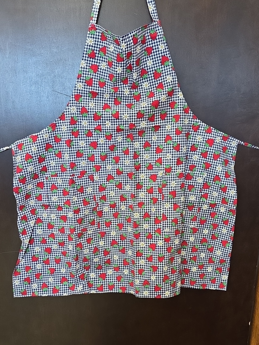 Appleseeds Strawberry Print On Blue and White Gingham Apron